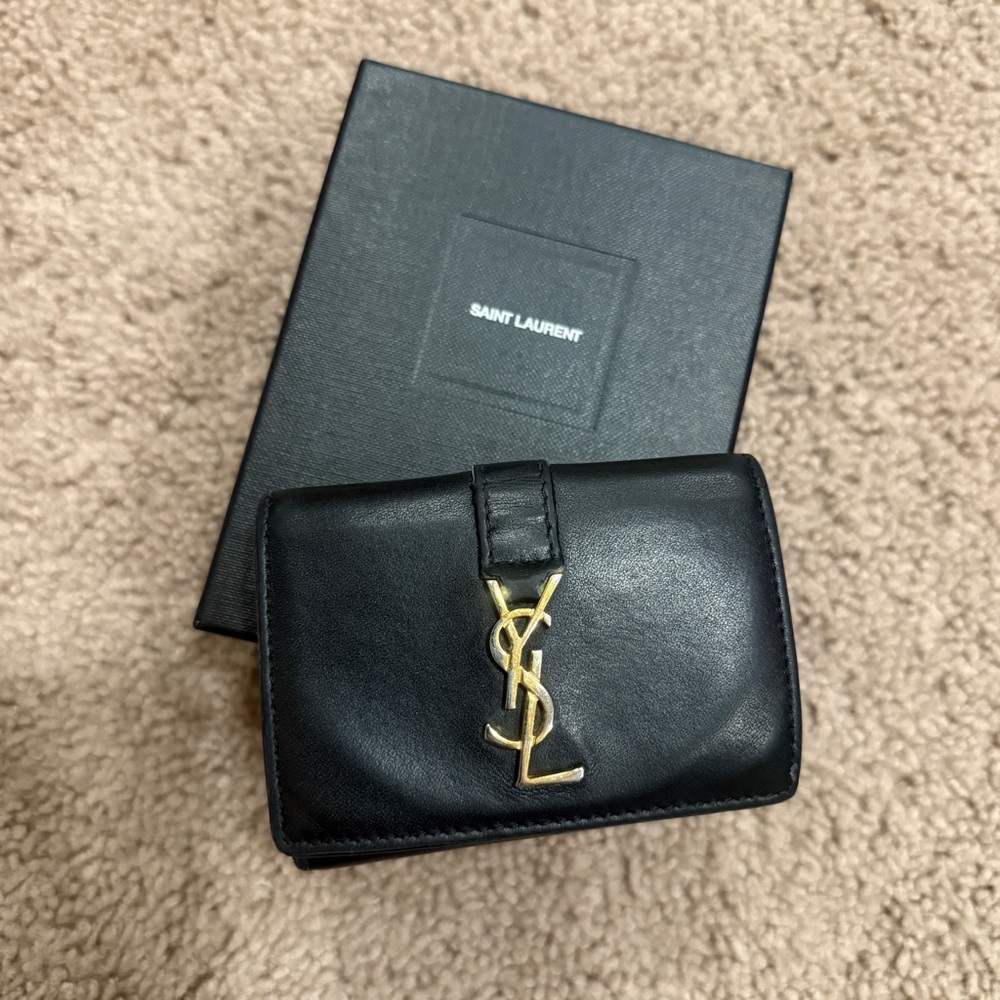 Saint Laurent Tri-Fold Black Card Holder with Gold Logo
